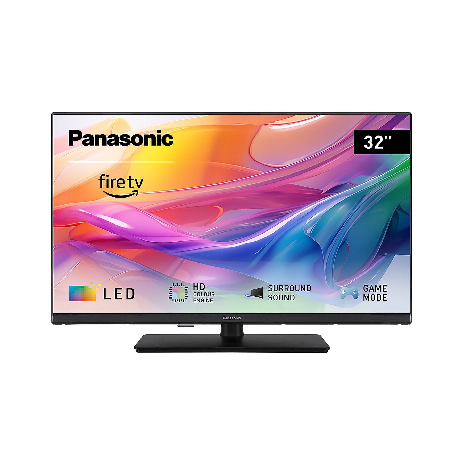 Frontansicht des Panasonic 32" LED-TVs mit bunten Grafiken und Funktions-Icons.