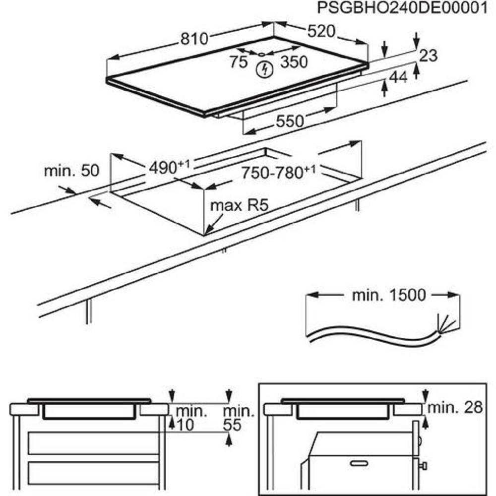 Technische Skizze mit Maßen für den Ausschnitt in der Arbeitsplatte zur Montage des Kochfeldes.
