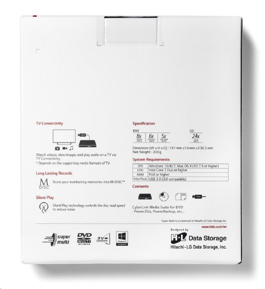 Hitachi-LG externes optisches Laufwerk – Rückseite der Produktverpackung mit Angaben