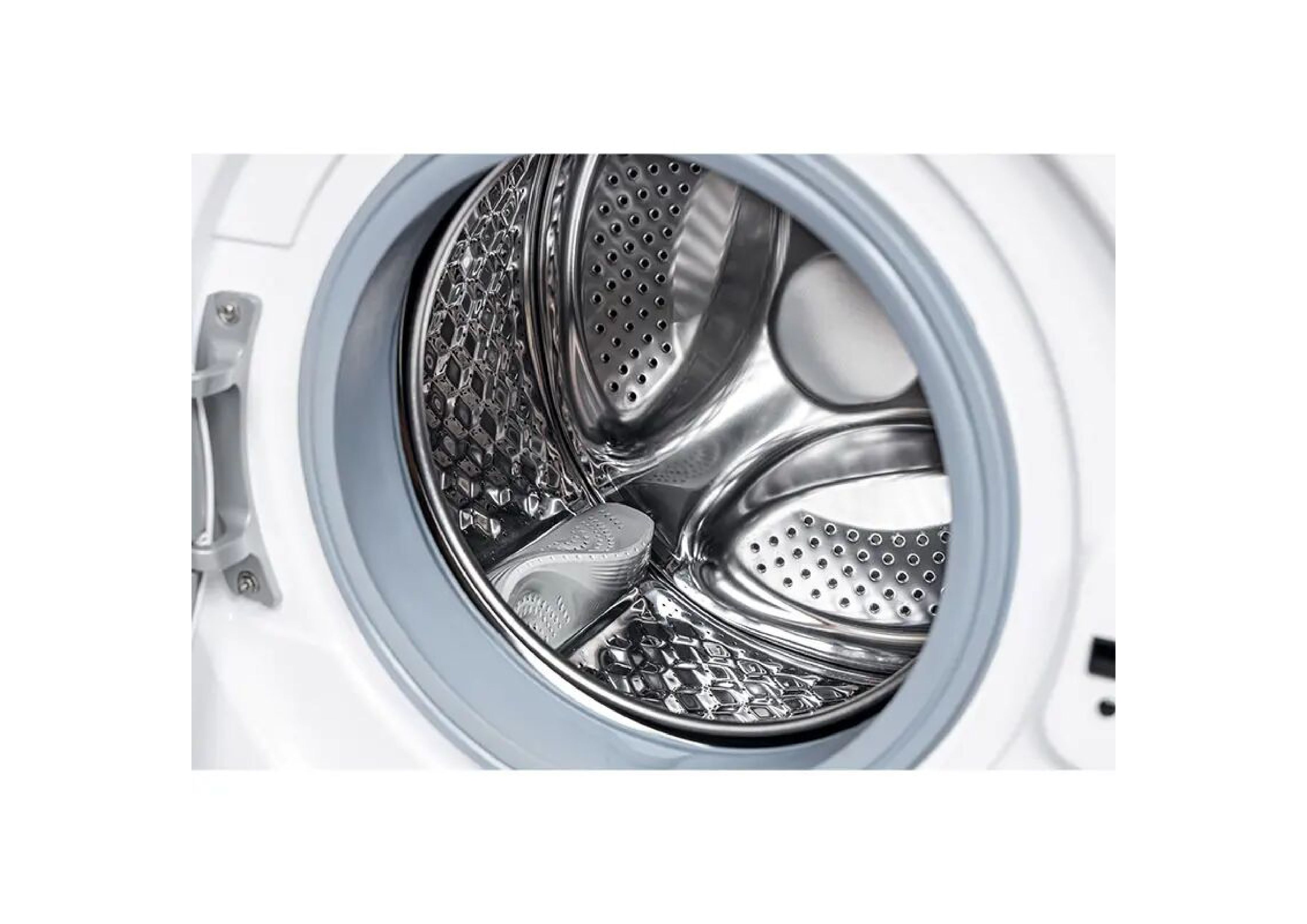 Detailaufnahme der strukturierten Edelstahltrommel der Midea Frontlader Waschmaschine