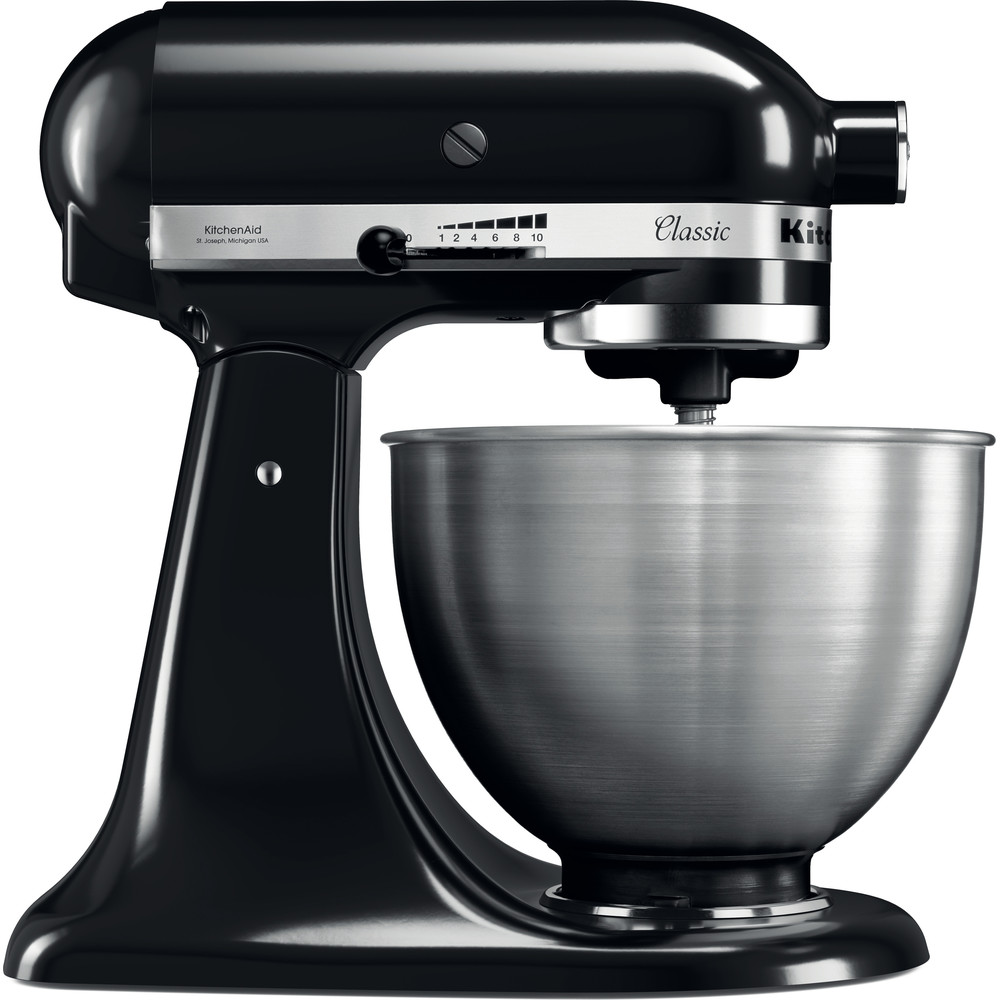 Linke Ansicht der KitchenAid 5K45SSEOB Küchenmaschine mit Rührschüssel und sichtbaren Geschwindigkeitstufen.