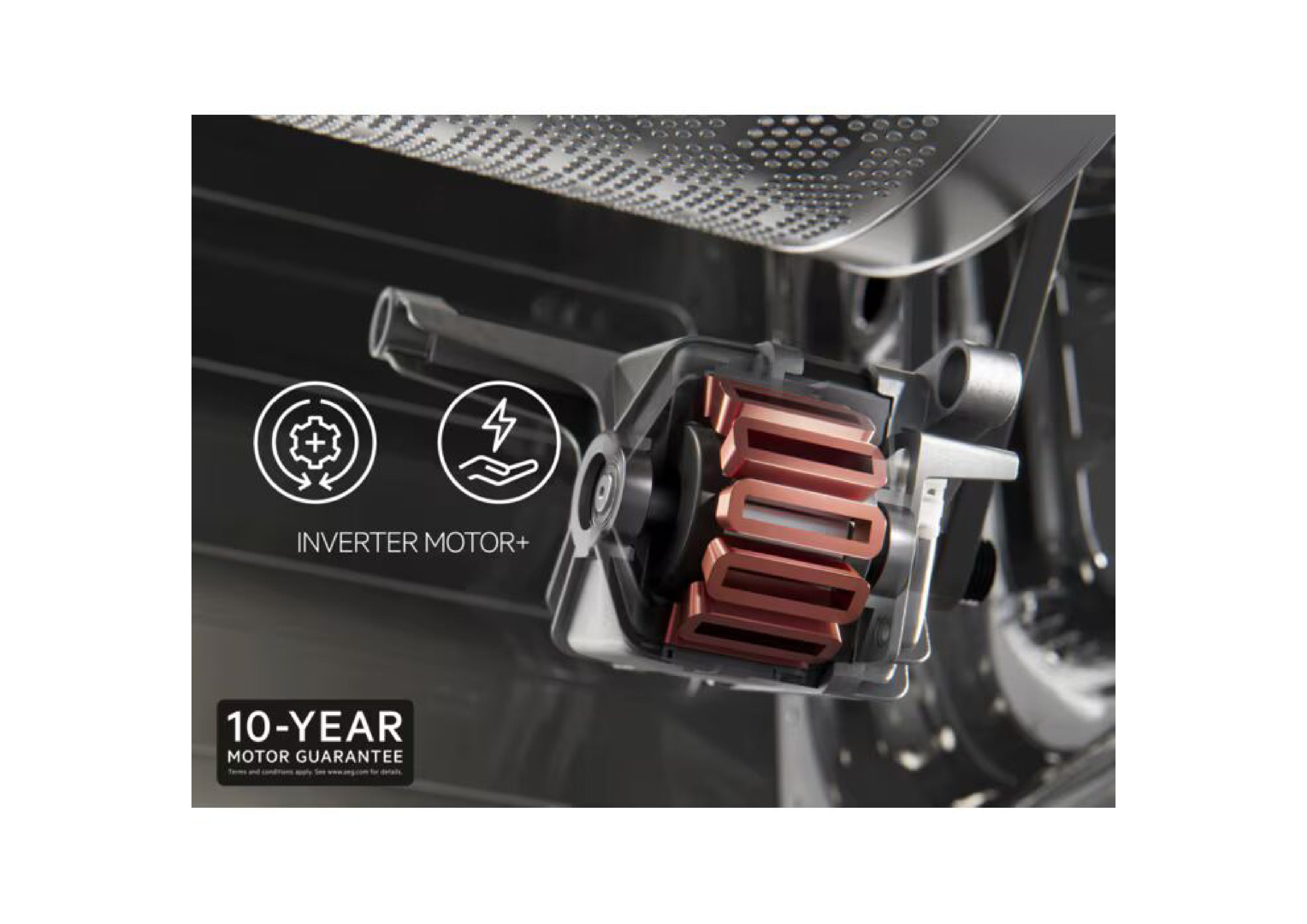 Schnittgrafik des AEG Inverter Motors mit dem Hinweis auf 10 Jahre Motorgarantie.