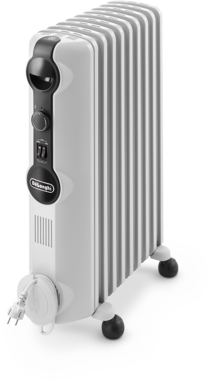 DeLonghi RadiaS Heizkörper seitliche Ansicht mit sichtbarem Stromkabel und Bedienfeld.