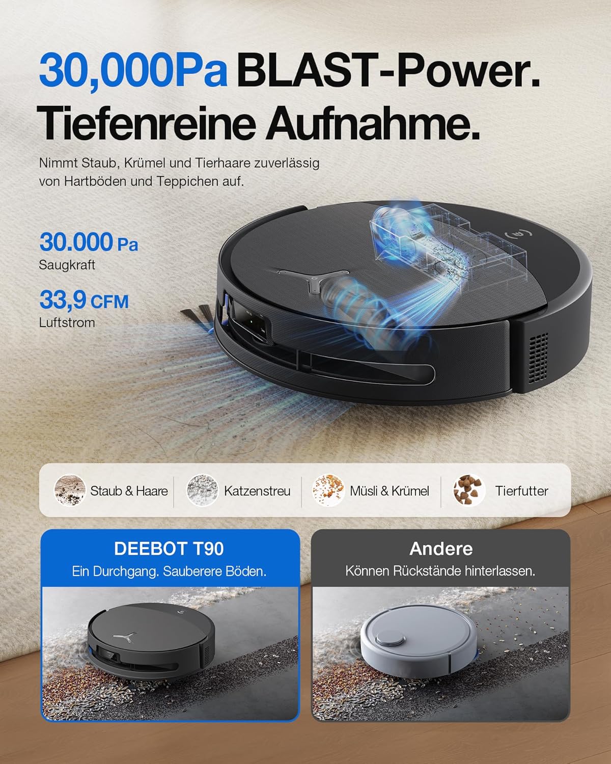 Ecovacs DEEBOT T90 PRO mit 30.000 Pa Saugleistung und ZeroTangle 4.0