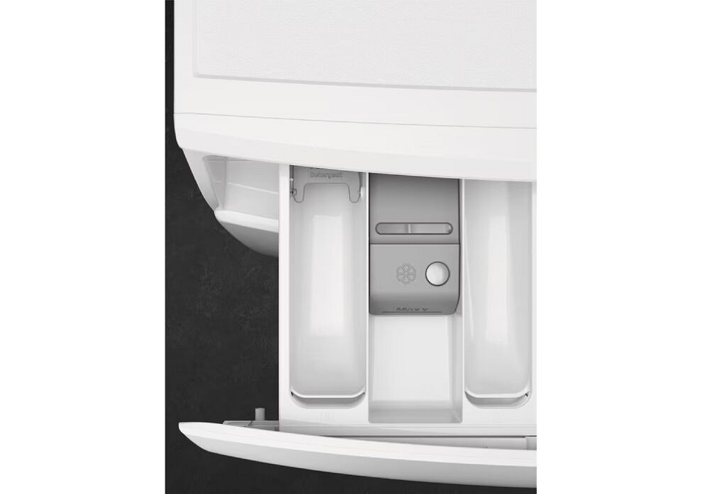 Draufsicht auf die geöffnete Waschmittelschublade mit drei separaten Fächern für Waschmittel, Weichspüler und Vorwäsche.