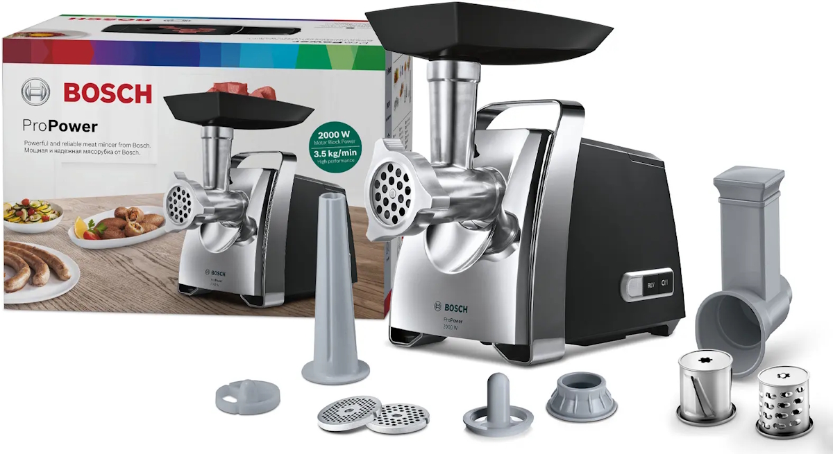 Bosch MFW67440 ProPower Fleischwolf 2000W – inkl. Wurststopfer & Durchlaufschnitzler, 3,5 kg/min