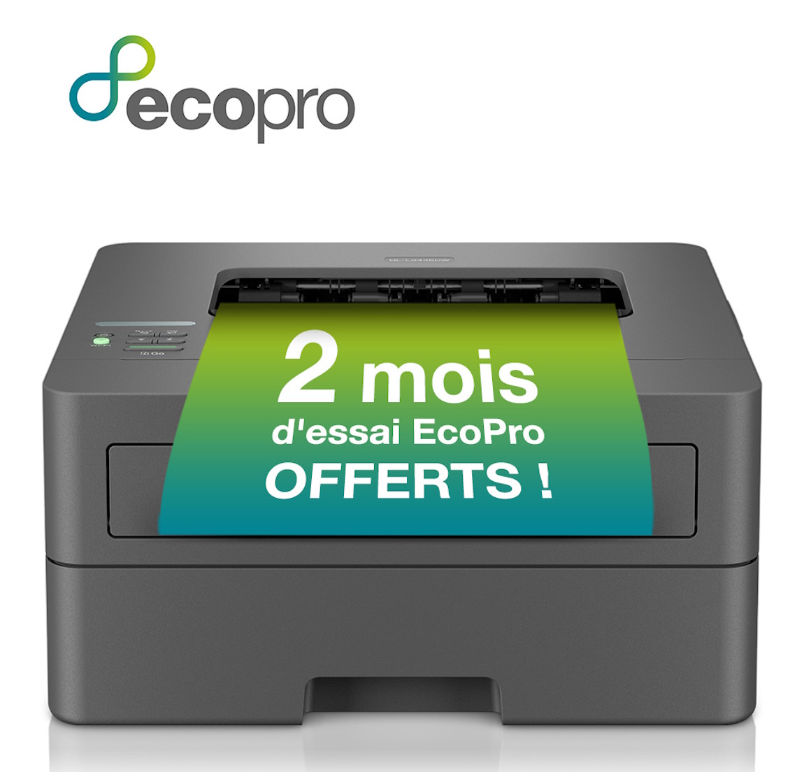 Draufsicht auf die Papierausgabe und das schlichte graue Gehäuse.