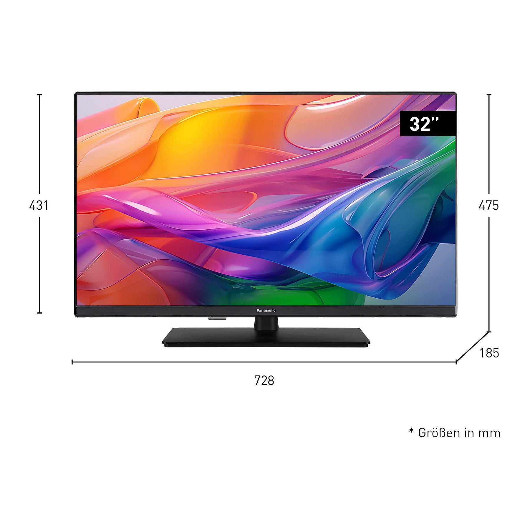 Frontansicht des Fernsehers mit eingeblendeten Maßen für Breite und Höhe in Millimetern.