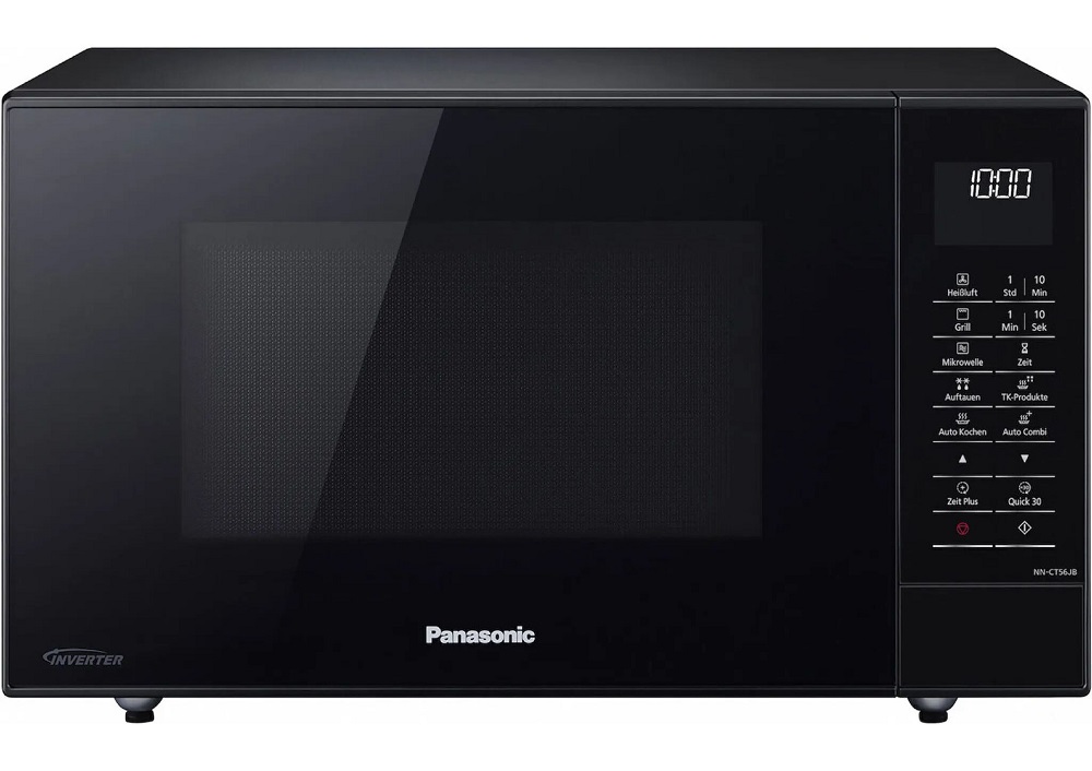 Frontansicht der schwarzen Panasonic NN-CT56 Kombi-Mikrowelle mit digitalem Bedienfeld.
