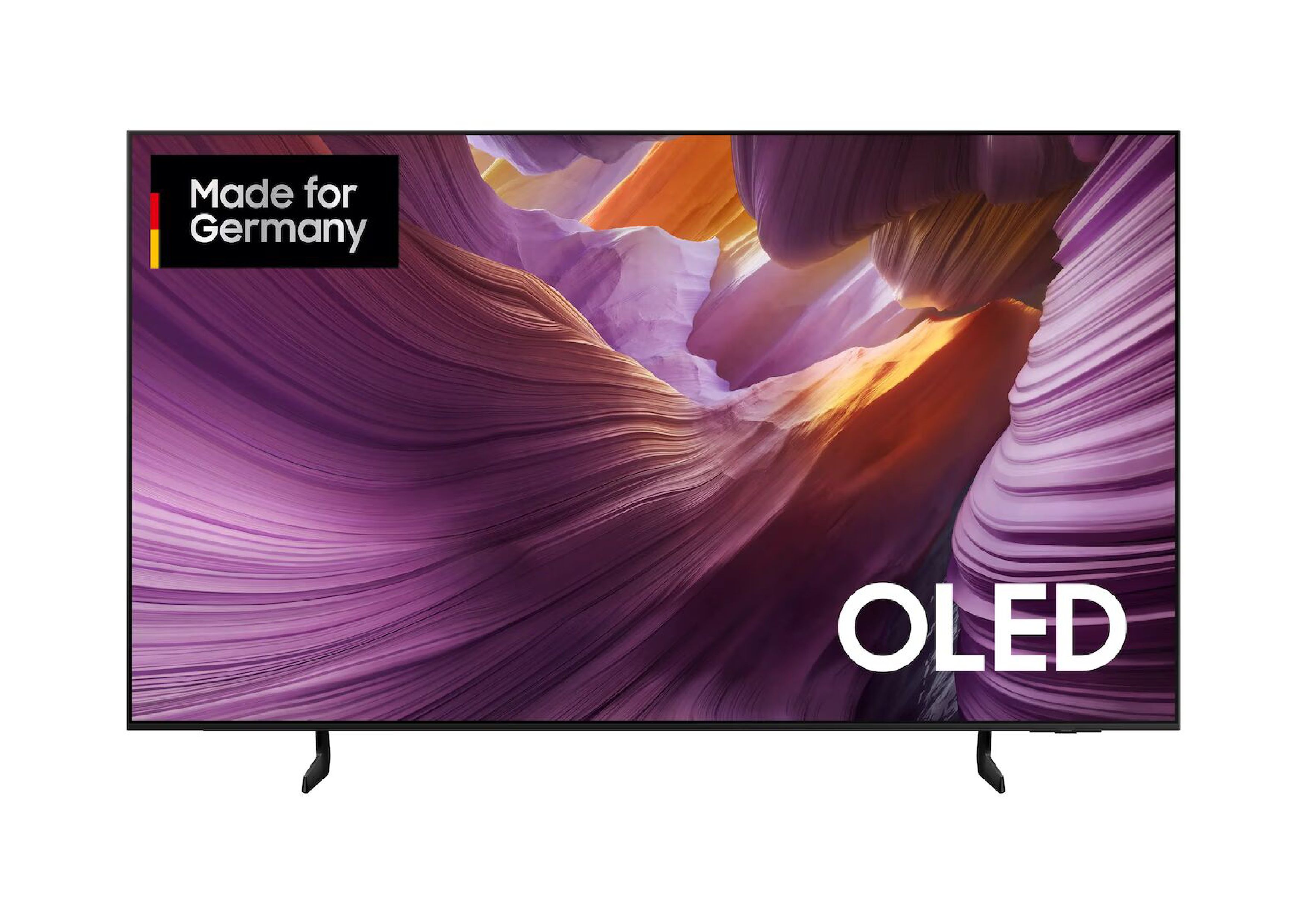 Frontalansicht des Samsung GQ55S85F OLED Smart TVs mit einer farbenfrohen, abstrakten Grafik auf dem Display.