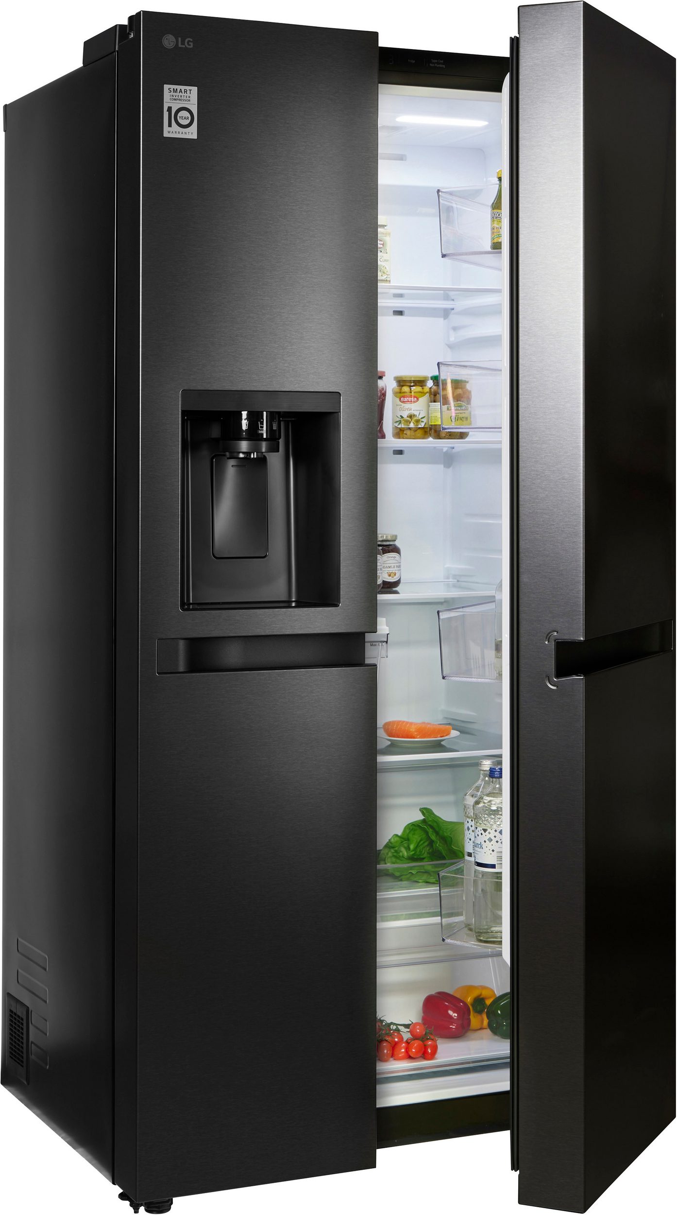 Rechte Tür geöffnet – Innenansicht des LG GSLC41EPPE LG GSLC41EPPE mit rechter geöffneter Tür und sichtbarem Innenraum