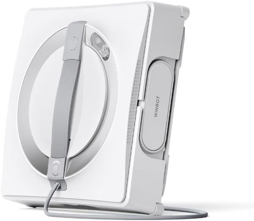Ecovacs WINBOT W2 PRO window cleaning robot in angled view with visible safety rope and wet mopping system