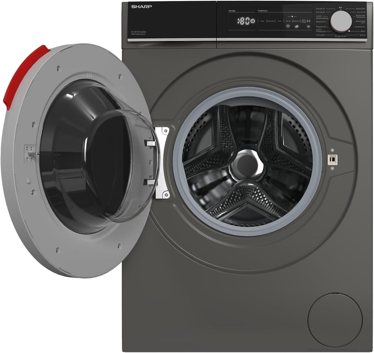 Open drum of Sharp ES-NFH914CADA-DE washing machine showing large capacity interior