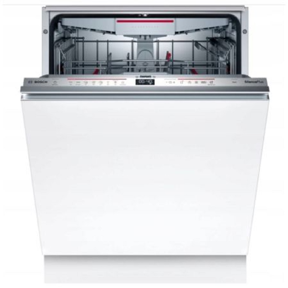 Front view of a Bosch dishwasher with the door slightly ajar, showing the top control panel.