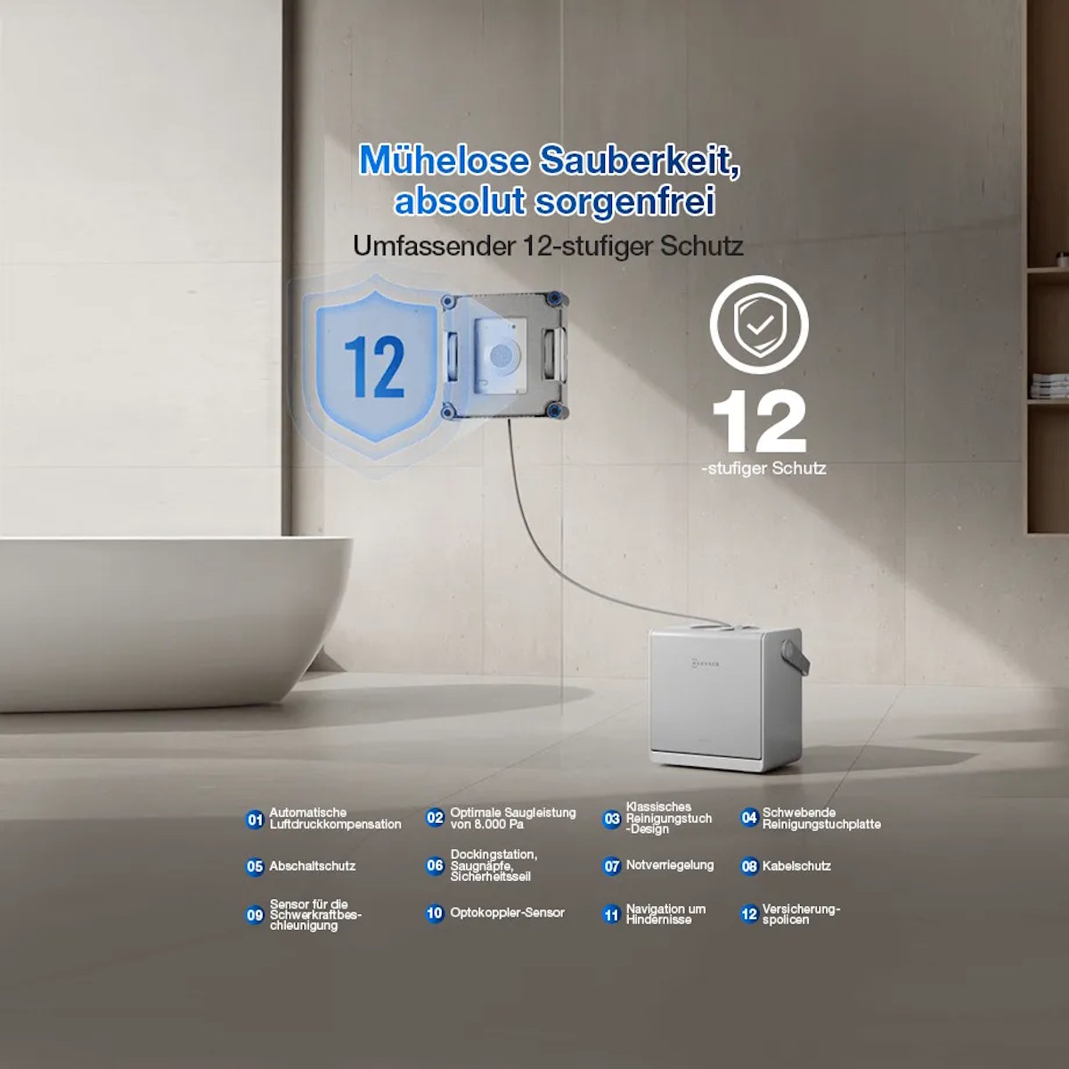 Ecovacs WINBOT W2S OMNI Window Cleaning Robot – WIN-SLAM 4.0, 6-nozzle spray, 8,000 Pa, app control, battery operation
