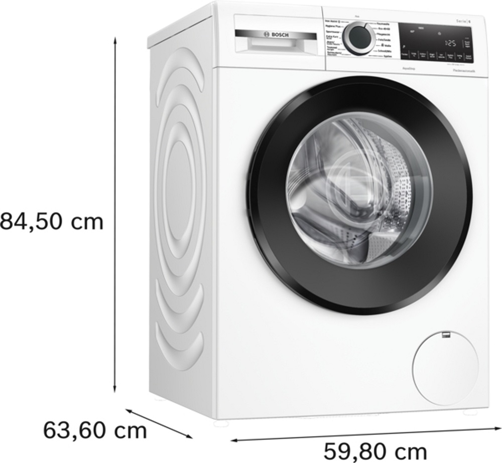 Maßzeichnung der Bosch WGG256Z40 Waschmaschine mit Höhen-, Breiten- und Tiefenangabe