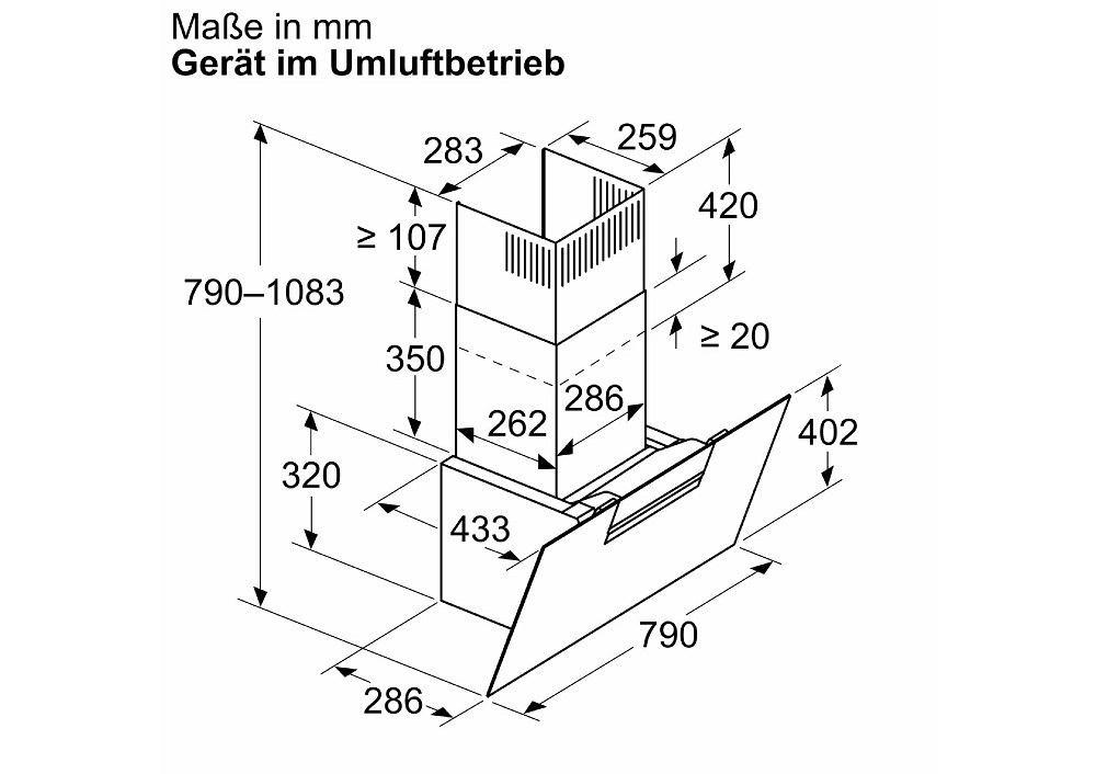 Technical dimension blueprint of the Bosch slanted hood configured for recirculation mode, featuring upper chimney ventilation slots and a variable installation height ranging from 790 to 1083 mm.