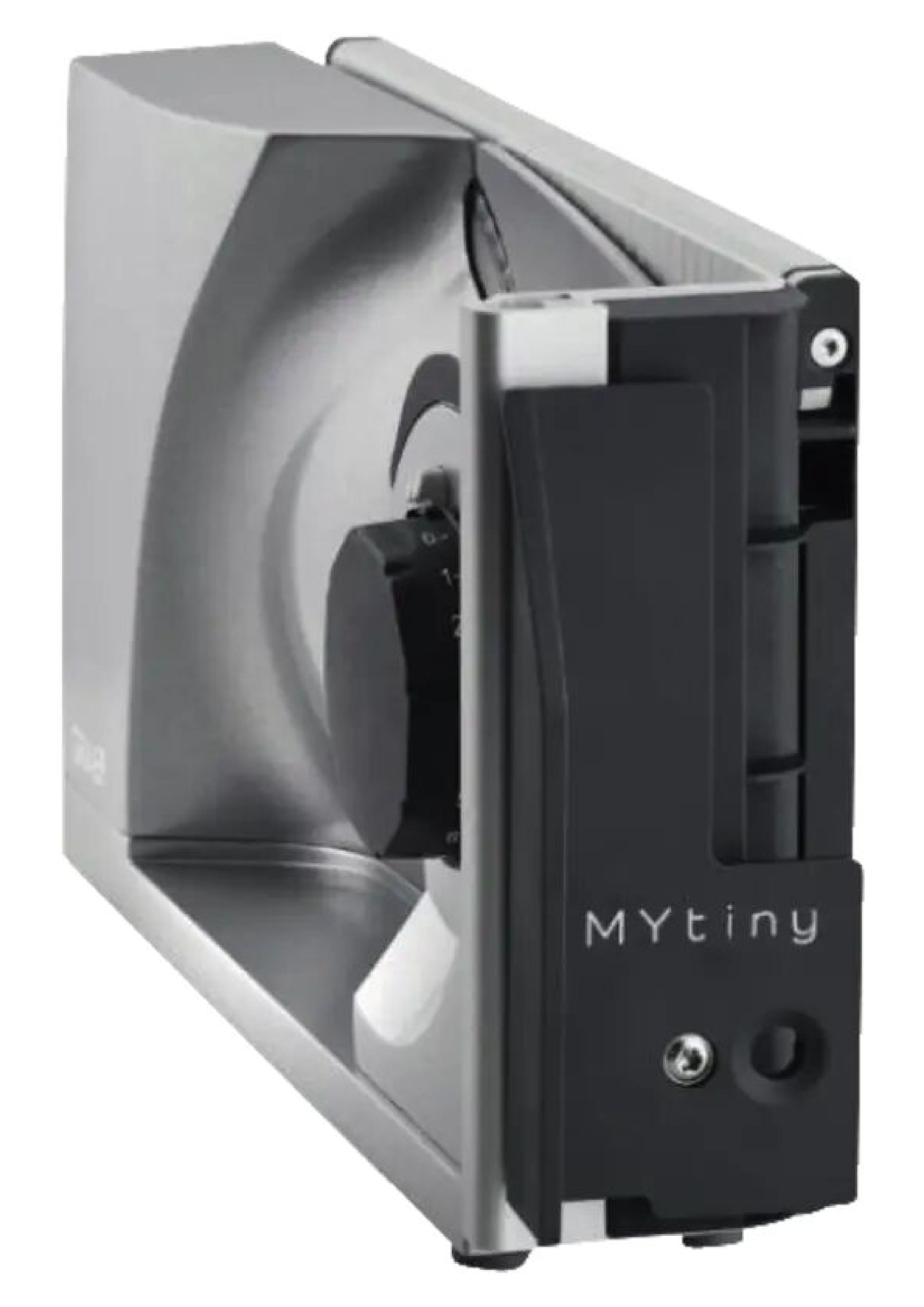 The food slicer completely folded showing the MYtiny branding