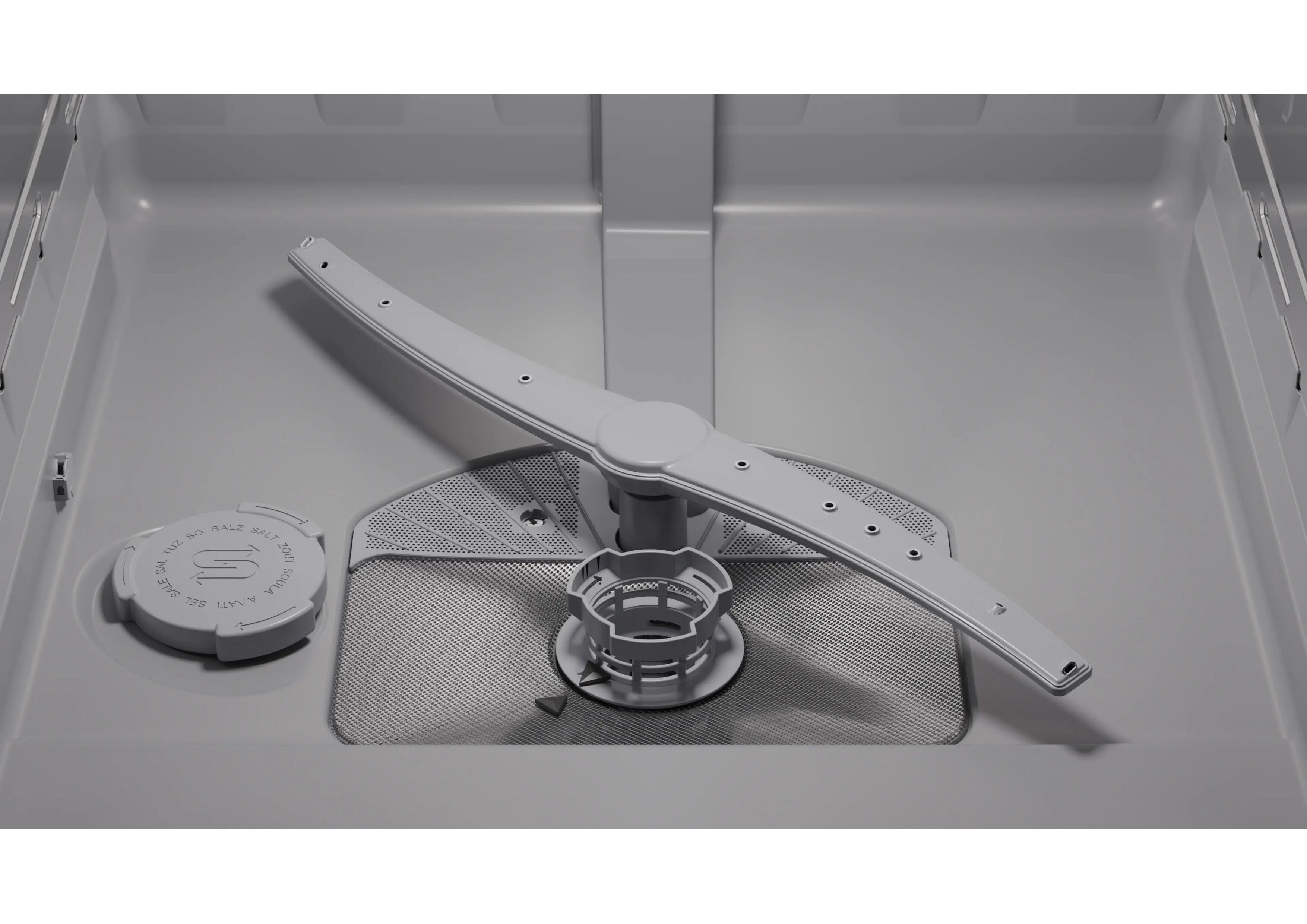 Close-up of the lower spray arm and filtration unit for model Bosch SMU4EVS08E