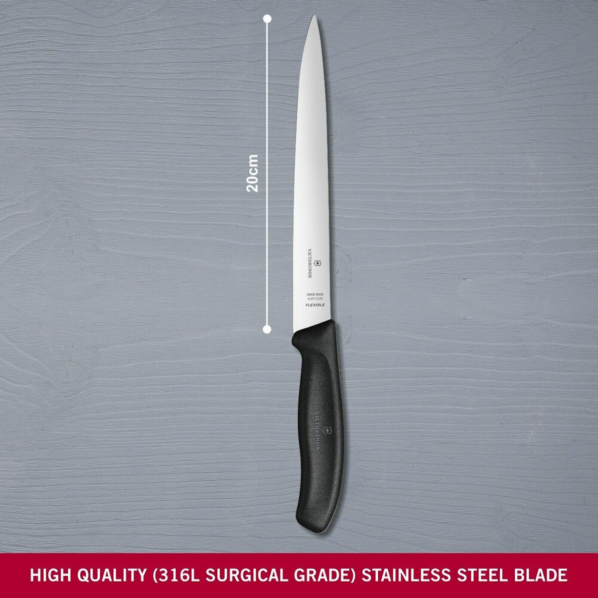 Technische Zeichnung mit den Maßen des Victorinox Messers: Gesamtlänge 330 mm, Klinge 200 mm