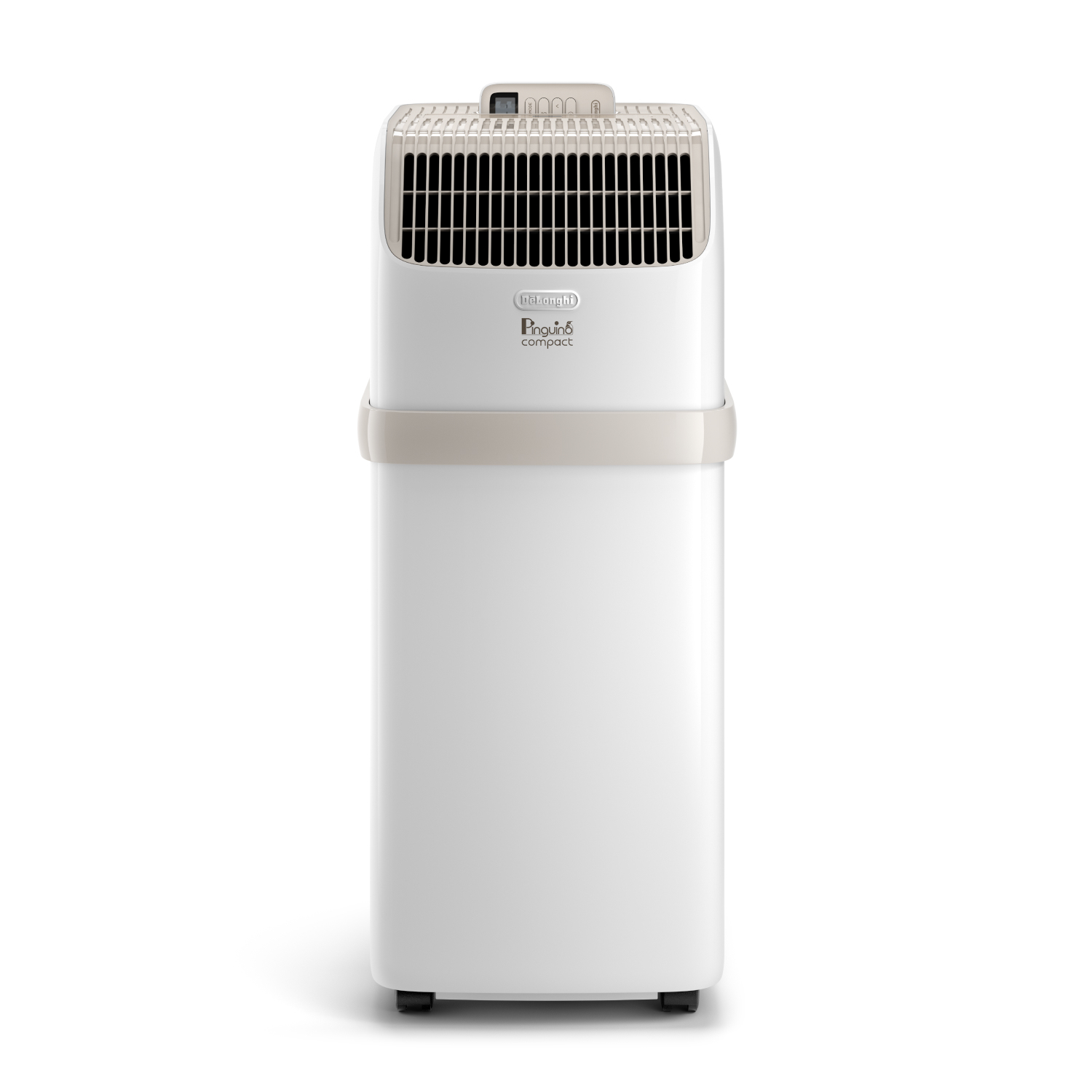 De’Longhi Pinguino PAC‑ES72 CLASSIC – mobile Klimaanlage, frontale Ansicht De’Longhi Pinguino PAC ES72 CLASSIC weiße mobile Klimaanlage mit Display und Tragegriffen