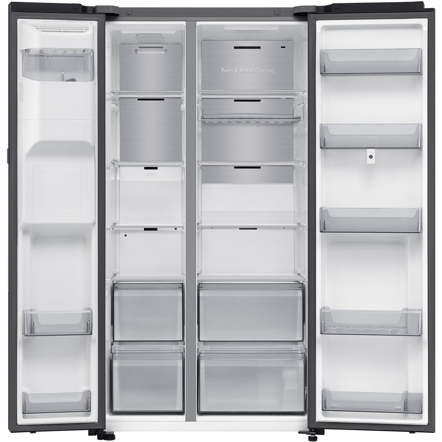 Interior view of the empty Samsung Side-by-Side refrigerator with clear glass shelves and door compartments.