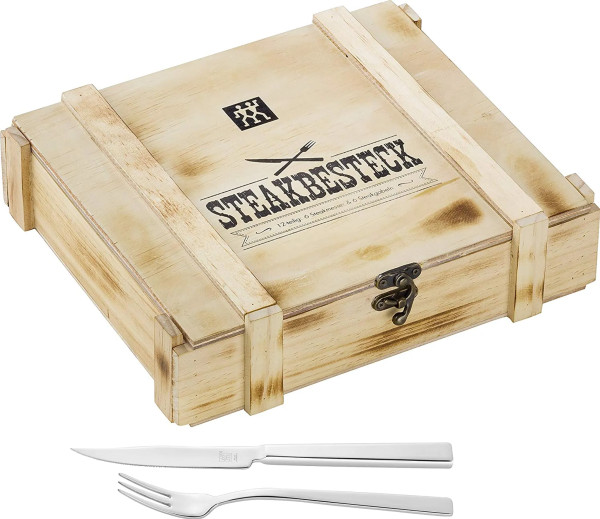 Zwilling 07150-359-0 Steak Besteckset in rustikaler Holzbox, Edelstahl, 12-teilig, EAN: 4009839350016